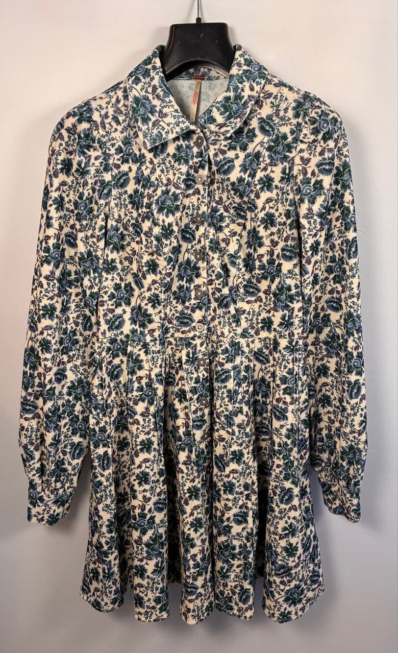 Free People Marvelous Mia Corduroy Floral Mini Dress Babydoll Blue Cream Size 0
